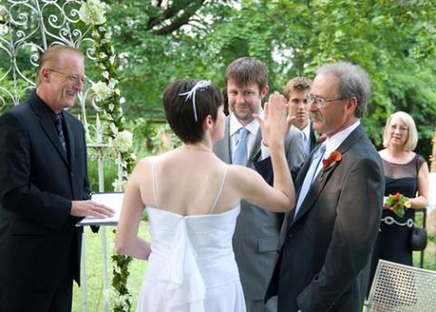 High-five wedding moment